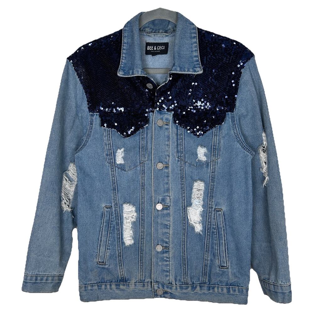 Bee & Ceci Size M Oversized Distressed Sequin Embroidered Jean Jacket